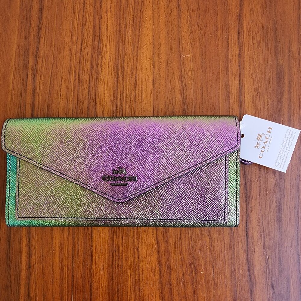NWT Coach Hologram Leather Soft Envelope Wallet Iridescent Rainbow Multicolor